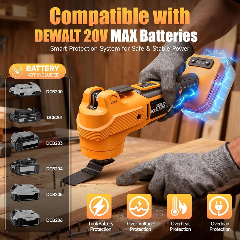 Fledukten Cordless Oscillating Tool Compatible with DeWalt 20V Battery, 21000 OPM Brushless Motor, Smart Auto Mode, 6-Speed Multi Tool with 23 Accessories for Cutting & Sanding (Bare Tool) - Image 2